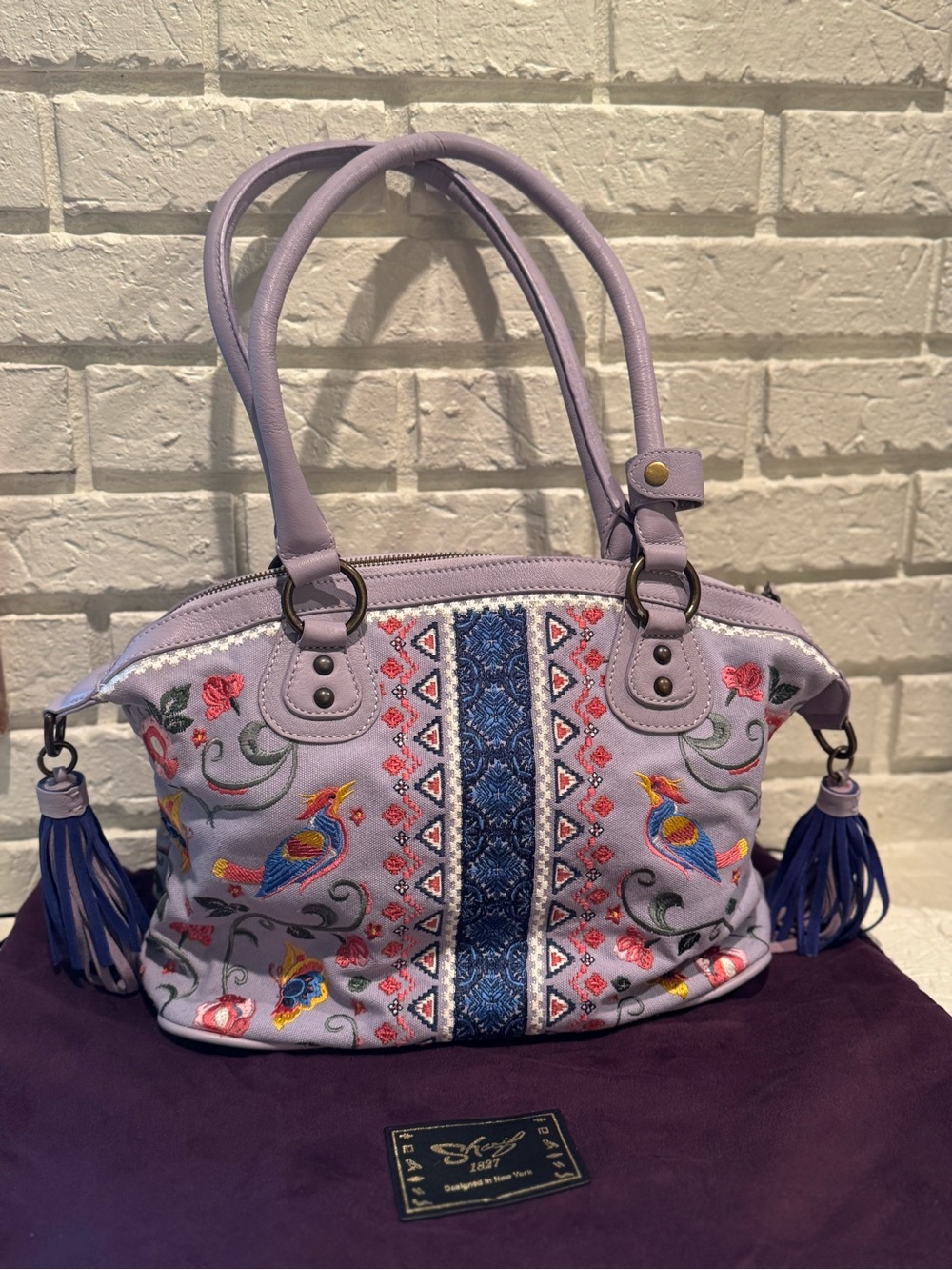 Sharif Lavender Embroidered Shoulder Bag with Blue Tassels